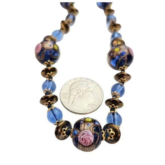 Blue Art Glass Cake Bead Necklace Knotted Brass Filigree Cap Vintage Strand - Picture 7 of 10
